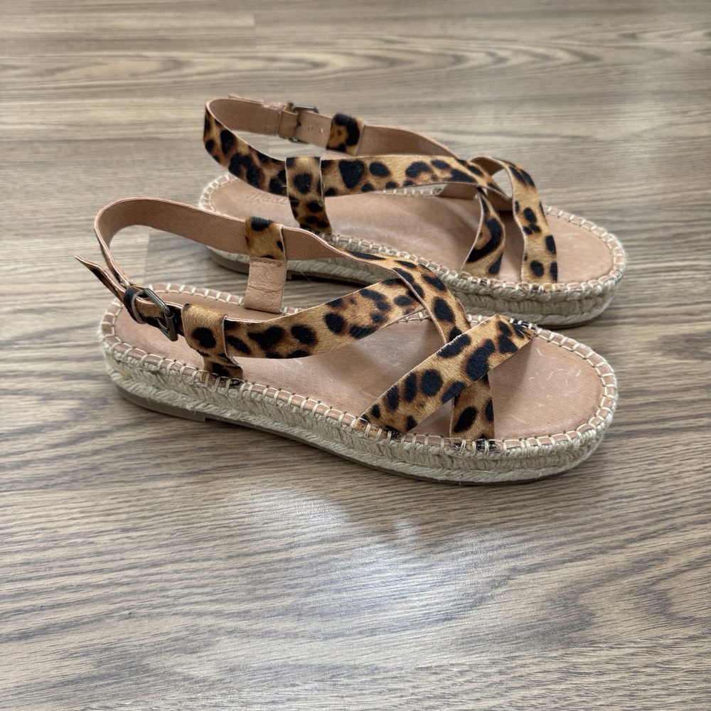 Madewell Sandals Womens 9 Brown Leather Espadrille Leopard Print Ankle Strap - Picture 2 of 13